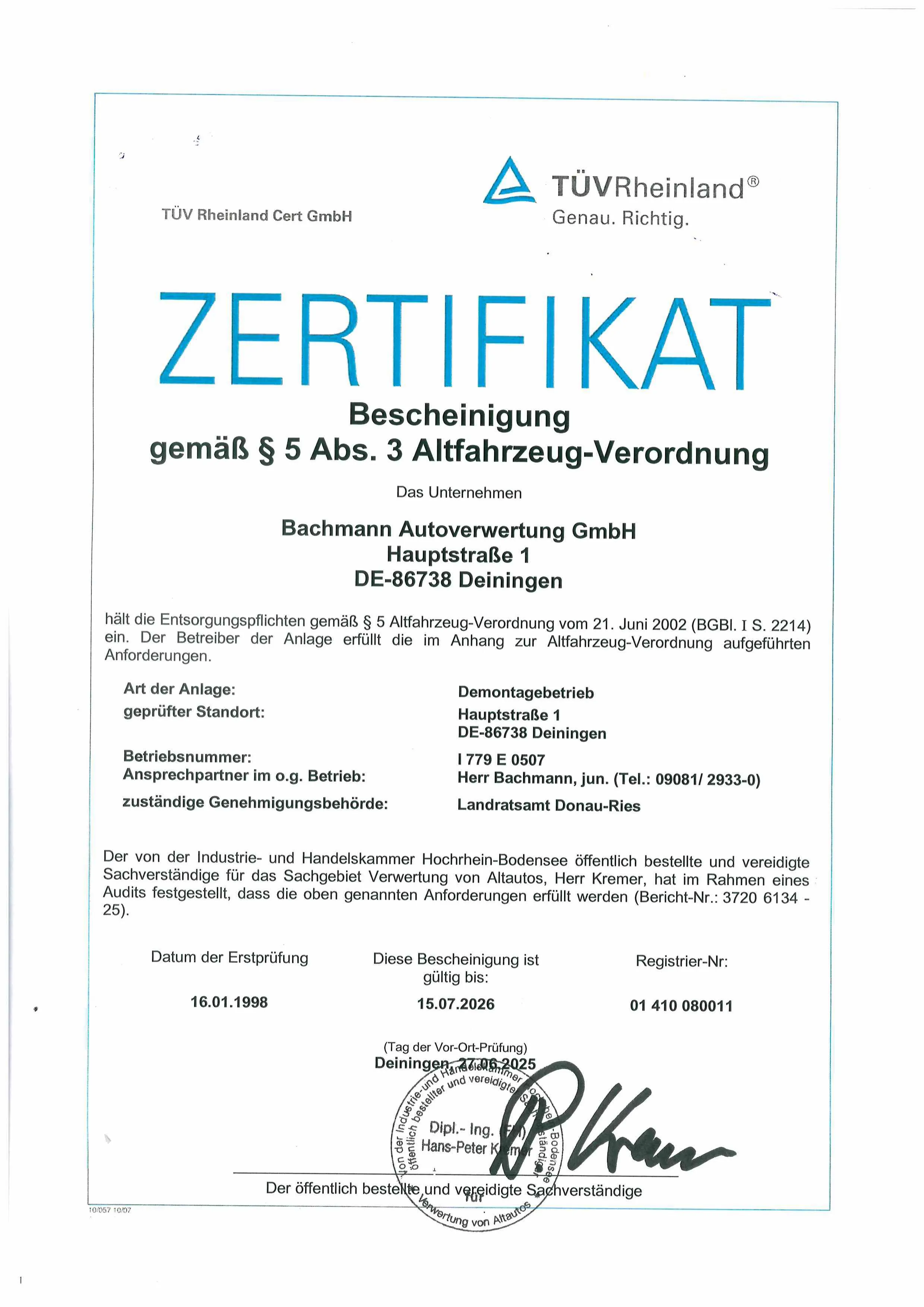 Zertifikat Autoverwertung Bachmann